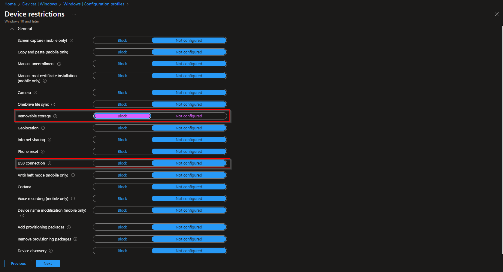 General settings – Removable storage and USB connection block